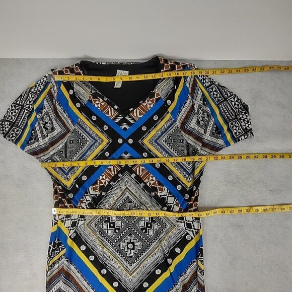 Emma & Michele Blue & Black Geometric V-Neck Stretch Blouson Shirt Dress Size L - Picture 8 of 13